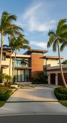 Modern Luxury Home Exterior with Palm Trees and Driveway.