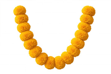 Marigold garland creating u shape, vibrant yellow indian festival decoration for hindu celebration, transparent background