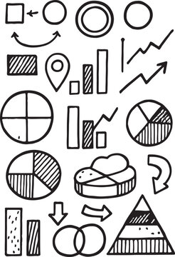 Hand drawn school icons vector set with business chart graph symbols and travel pictogram illustrations.
