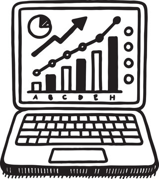 The digital business graph icon on the laptop screen displays online market technology trends.