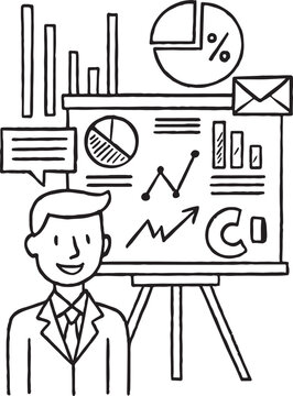 Stock illustration of a business man drawing a finance chart set with doodle icons and arrow symbols.