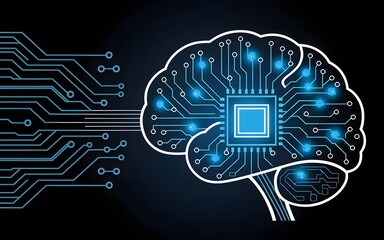 Futuristic concept of artificial intelligence showing a digital brain integrated with a computer chip and electronic circuitry