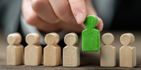 A hand picks up one green wooden human figurine from a number of others. Recruitment and personality concept