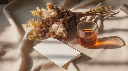 Aesthetic still life with a blank card mockup, a bouquet of dried flowers, and a glass of tea in warm sunlight