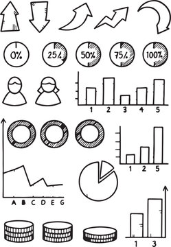 Black cartoon set of hand-drawn vector business icons including arrows, symbols, graphs, and a chart illustration for web design.