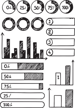 A set of hand-drawn arrows and business icons superimposed over a black vector silhouette of an urban skyline with city buildings and a factory.