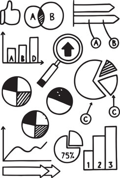 Hand-drawn set of icons for business and health, including medical symbol and sport equipment silhouette vector illustrations.