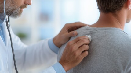 Doctor conducts a routine medical checkup using a stethoscope on a male patient in a clinical setting