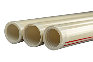 Three smooth, ivory pipes with red stripes, stacked and facing viewer