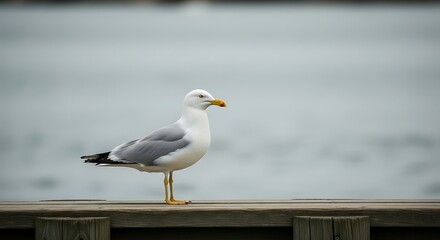 Seagull Standing on Wooden Pier Overlooking Water.