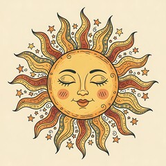 Celestial Sun with Closed Eyes and Starry Aura.