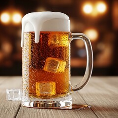 Refreshing Beer Mug with Ice Cubes and Frothy Head on Wooden Table.