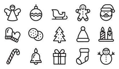 Holiday doodle icon set including Christmas tree, present, mitten, snowflake, and angel outlines in minimalist style