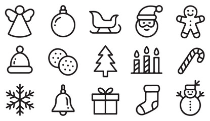 Hand-drawn festive line art icons set for Christmas cards, winter celebration graphics, and New Year illustrations