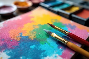 Fototapeta premium Vibrant Art Supplies and Paintbrushes on Canvas A Creative Inspiration Scene
