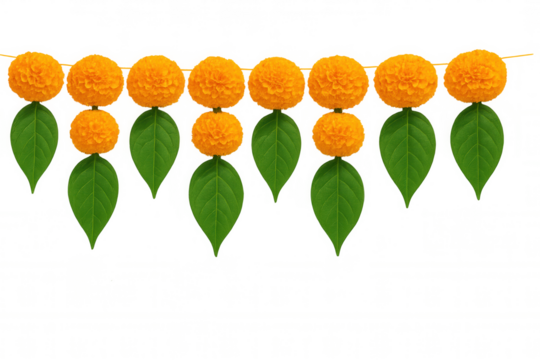 Marigold and mango leaf toran forming a traditional hindu festival decoration against a transparent background