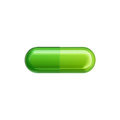 a vibrant green oval pill with rounded edges, isolated on a white background, top view, flat lay. the capsule has a shiny glass-like texture