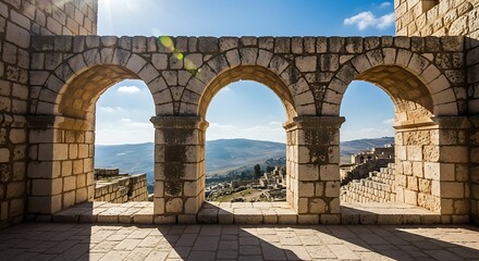 Ancient Stone Arches Framing a Mountain View in Israel.