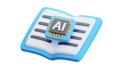 Artificial Intelligence processor chip on an open book 3D icon.