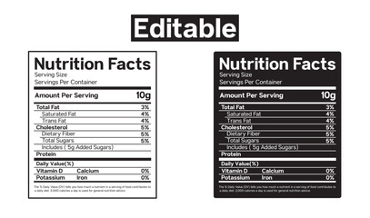 Two nutrition facts labels, one in black and white and the other in dark mode, with an editable text box above.