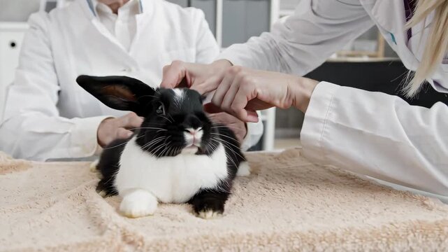 Pet ear drops deshedding Thumbnail Medical treatment Psilocybin therapy Bond Vet Pettable Petfolk Vetology Veterinarian examining black and white rabbit in clinic with owner watching healthy care sce