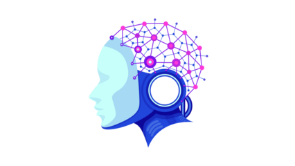 Artificial intelligence concept with a robotic head and neural network.