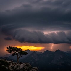 Dramatic Lightning Storm Over Mountain Peaks at Sunset.