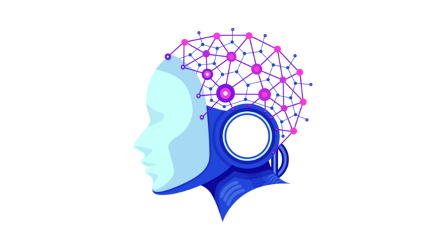 Artificial intelligence concept with a robotic head and neural network.
