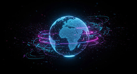 Stunning digital earth hologram with vibrant neon lights for futuristic technology and global connectivity themes in modern presentations