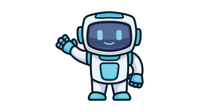Friendly cartoon robot character waving a hand in greeting.