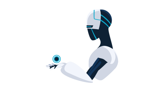 Futuristic humanoid robot holding a floating digital eye orb.
