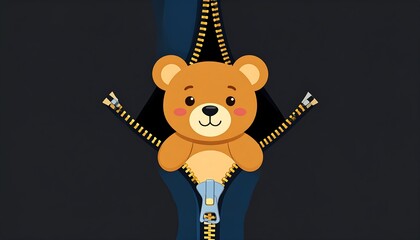 A cute teddy bear emerges from a stylized zipper against a deep navy backdrop, suggesting unveiling or opening. The design has a cartoonish, playful style