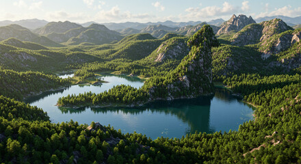 Discover a stunning lakeside landscape embraced by lush forests and majestic mountains, perfect for travel, nature, and outdoor adventure campaigns