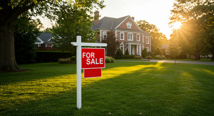 Dream home alert! A stunning property with a 'For Sale' sign beckons new owners on a sunny day, promising a bright future and elegant living