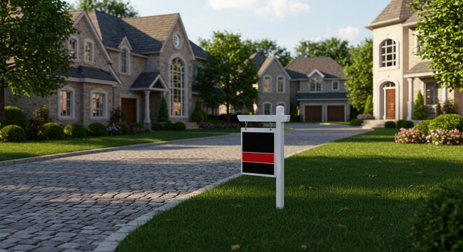 Stunning suburban neighborhood with luxury homes and a blank real estate sign ready for your branding, perfect for realtors and property marketing campaigns