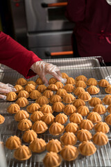 Freshly baked traditional Malay bahulu cakes cooling on wire rack, prepared by hand in a local bakery. Popular festive snack in Malaysia.