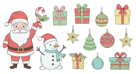 Fototapeta premium Christmas Icons Santa, Snowman, Gifts, Ornaments
