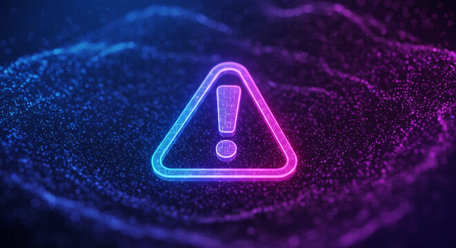 Cybersecurity alert featuring vibrant neon exclamation point, a modern signal of potential data breach or system failure with digital network backdrop