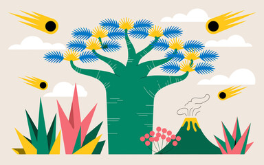 Illustration of a prehistoric landscape with a baobab tree and meteor shower