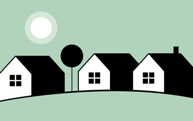 Illustration of houses on a hill with a tree and moon on green background