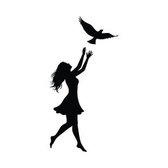 Silhouette of Woman Releasing a Bird release freedom sky flying black white girl dress hair arms hands hope dream peace nature wildlife