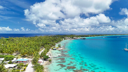 Luxury resort photo of Bora Bora tropical paradise islands
with palm trees. Aerial 
perspective...