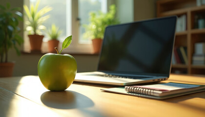 Green apple on wooden desk with laptop, notebook in well-lit room with plants in background. Modern workspace with digital device, stationery. Natural light, greenery create calm atmosphere for