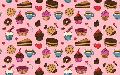Vector art of seamless pattern with cupcakes, cookies, donuts and coffee on pink background