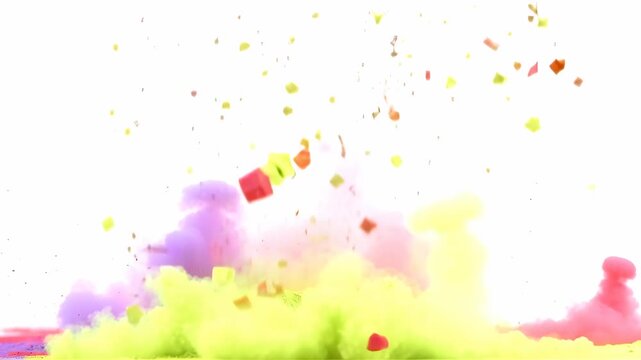 Colorful powder exploding in slow motion with floating particles and dynamic motion festive background and colorful cloud effects bright vivid paint splashes on white backdrop celebration or artis