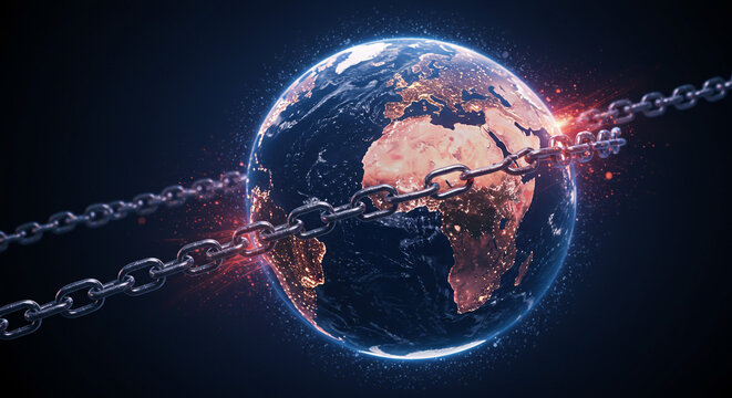 Powerful metallic chains bind the planet Earth at night, symbolizing global connection, restriction, or a shared destiny in the vastness of space