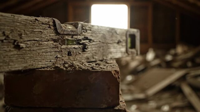 Old wooden level tool resting on bricks in a dusty, abandoned attic