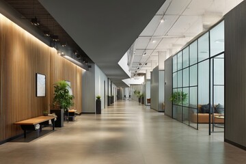 A long, modern office hallway with glass walls, wooden panels, and minimalist furniture, creating a spacious and elegant atmosphere.