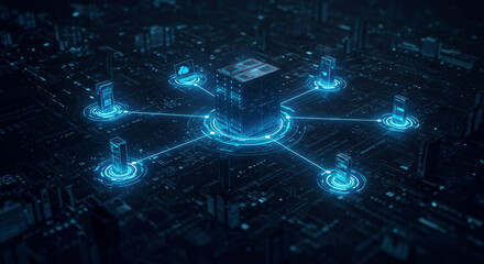 Dynamic digital network connecting futuristic servers, showcasing global data flow and advanced technology infrastructure for innovation.