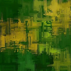 Abstract Green and Yellow Brushstroke Composition.